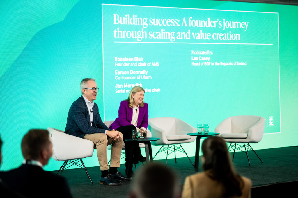 Female founder and non-exec Rosaleen Blair, speaking to BGF's Head of Ireland, Leo Casey, at the 2024 BGF Growth Forum